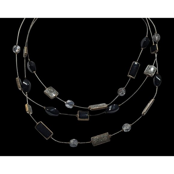 Y2K Layered Floating Glitter Necklace Black And Silver Tone - Picture 4 of 6